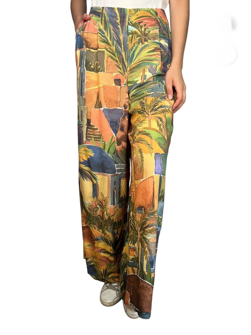 Oysho Tropical Print Wide Leg Palazzo Pants Size L Elastic Back Viscose Resort - Picture 4 of 12